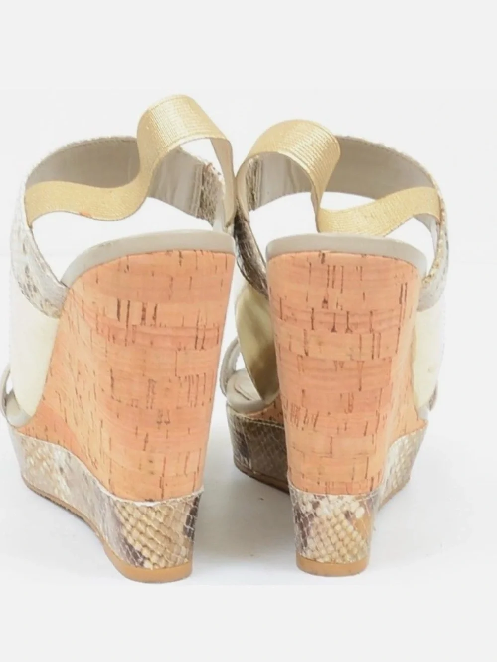 White House Black Market Beige, Gold & Cork Snake-Print Wedge Sandals